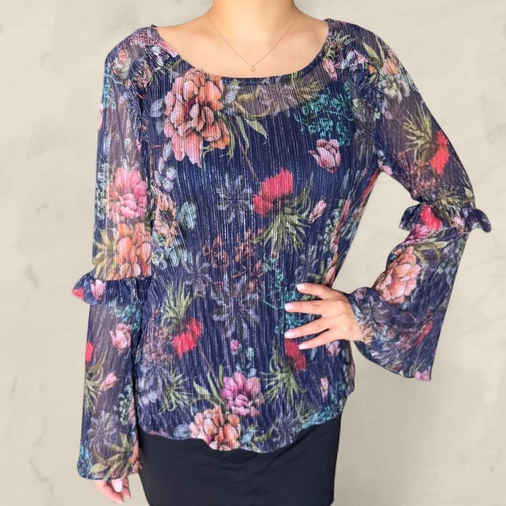 Anthropologie sheer metallic bell sleeve blouse floral Eva Franco small pleated